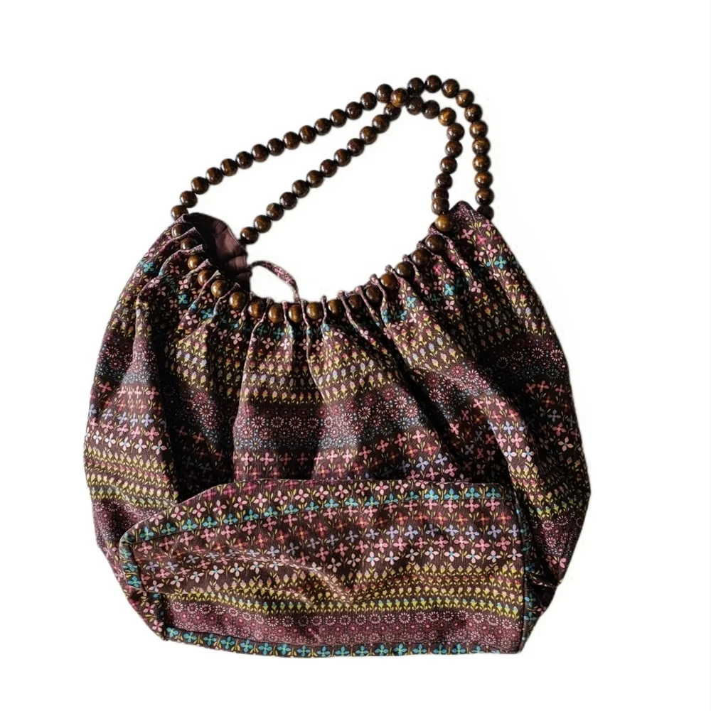 Bohemian Hippie Hobo Beaded Handle Brown Floral Patterned Whimsical Bag